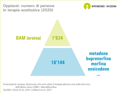 16'144 persone hanno avuto accesso al trattamento di sostituzione degli oppiacei (metadone, buprenorfina, morfina o ossicodone) almeno una volta all'anno (dati del 2020). Inoltre, 1'634 persone hanno seguito un trattamento di sostituzione dell'eroina (dati del 2020).